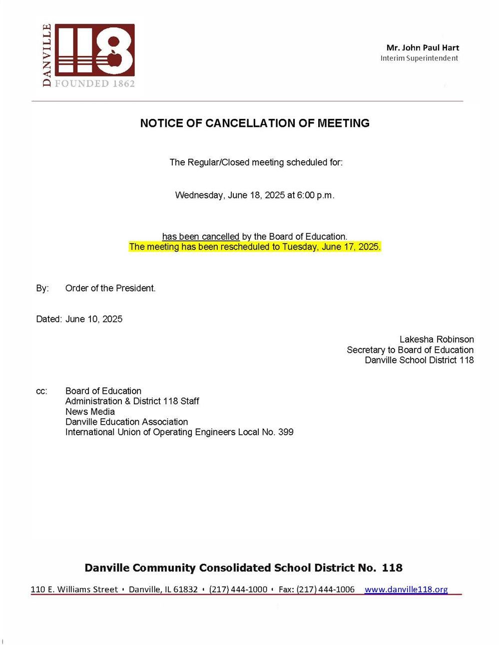  Notice of Cancellation of BOE Meeting